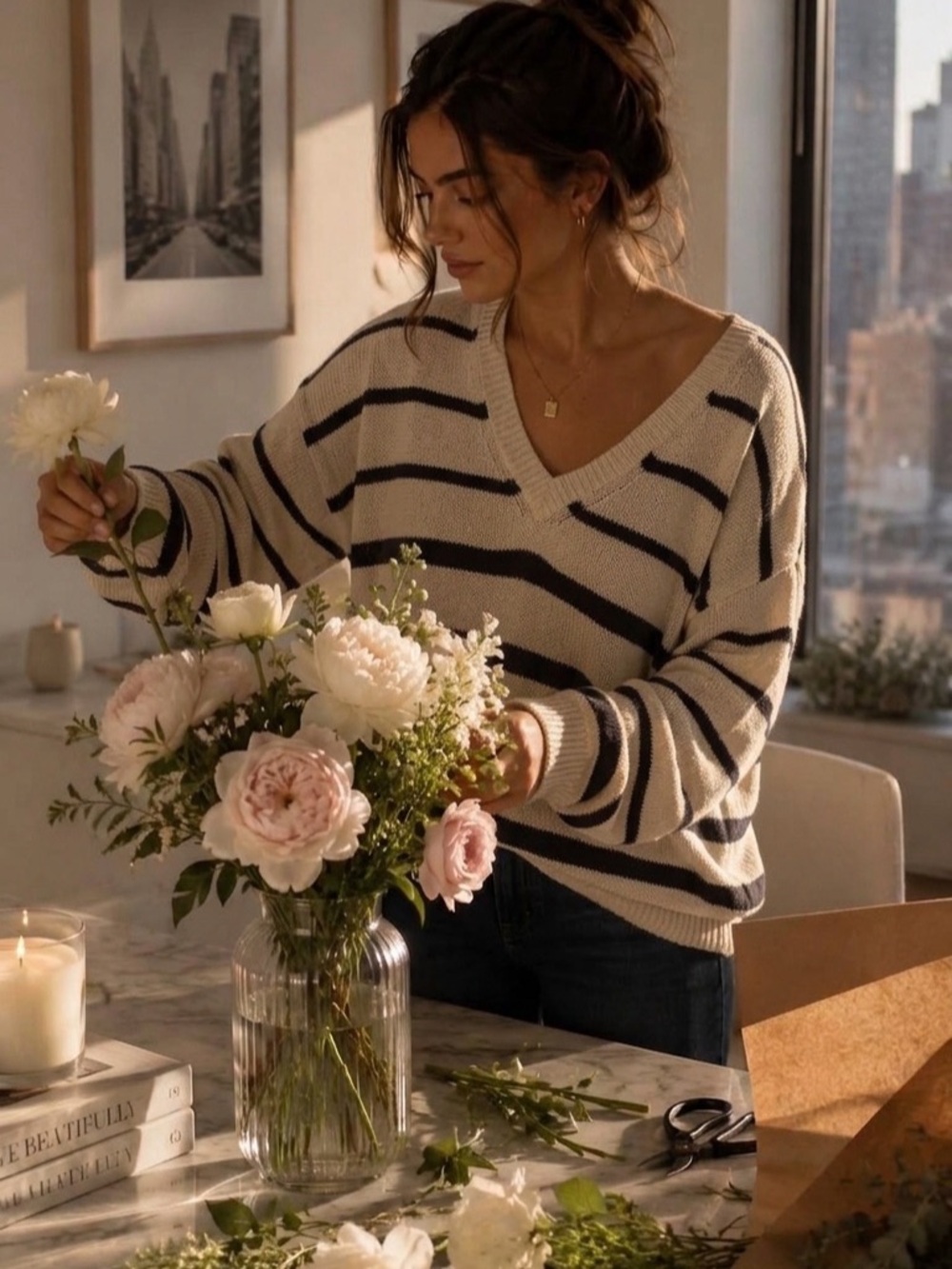 Brochu Walker Women's Sweater Striped Cream and Black Linen Top Size S